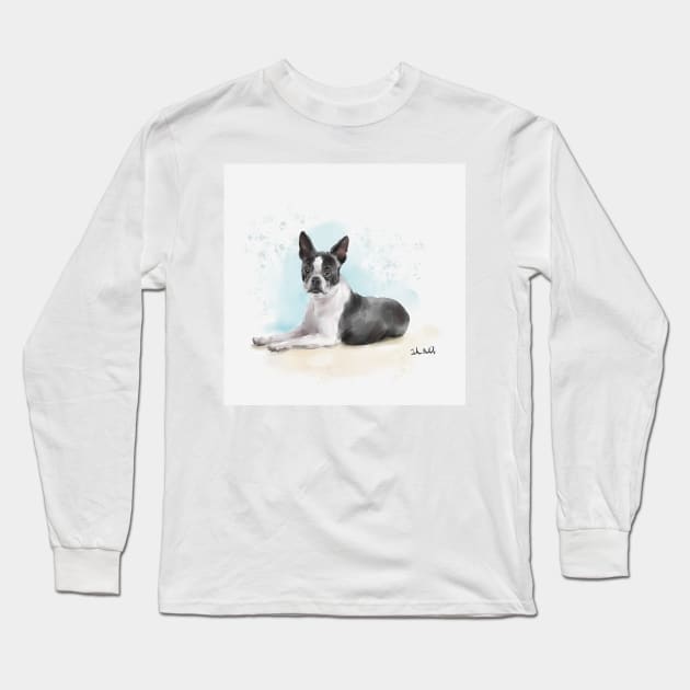 Watercolor Sketch of a Black and White Boston Terrier Lying Down Long Sleeve T-Shirt by ibadishi